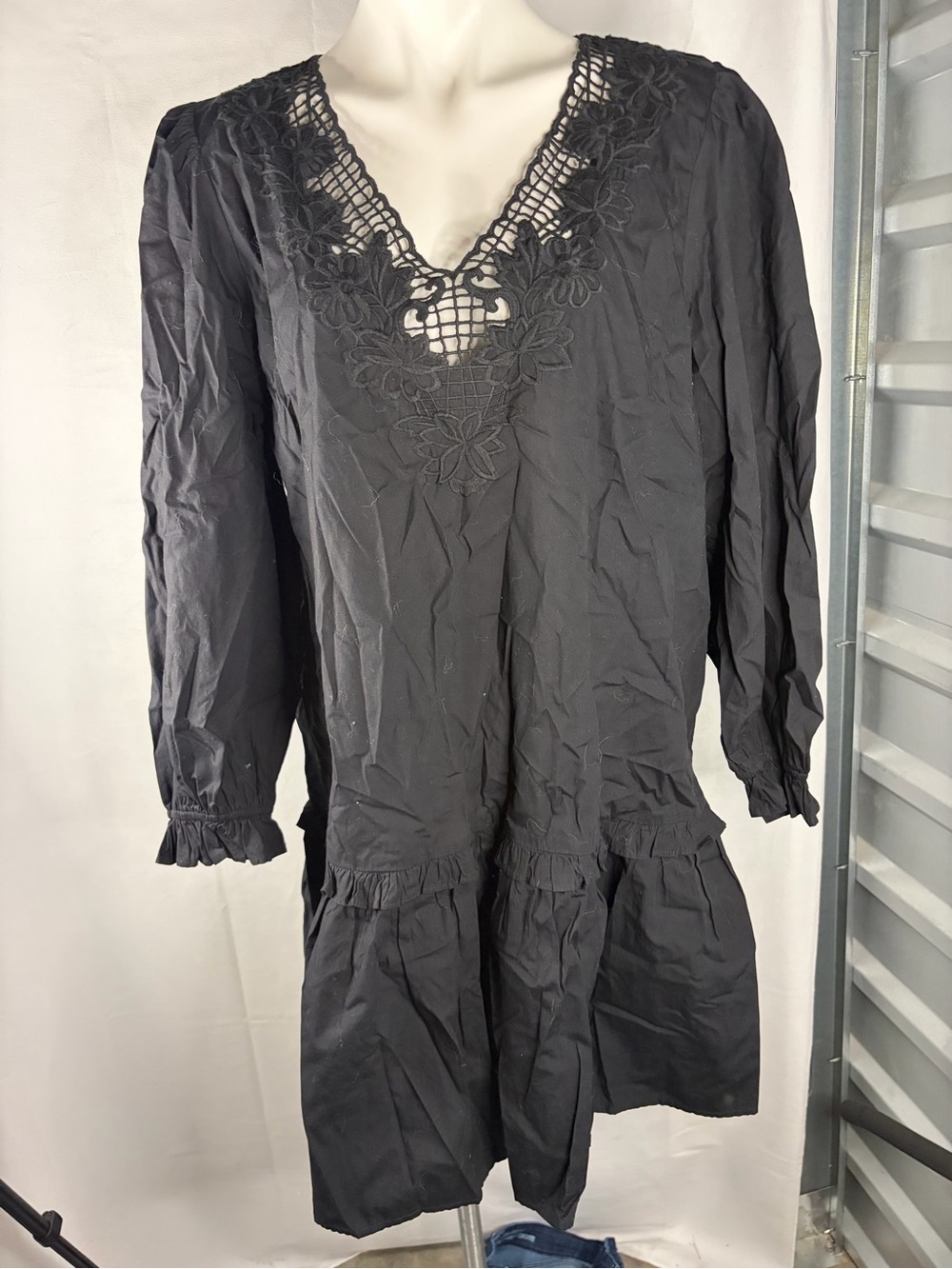 J. Crew Black Long-Sleeve Embroidered V-Neck Dress